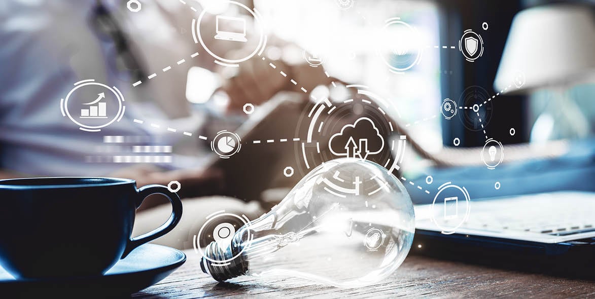 Illustrations representing collaboration behind a lightbulb and coffee cup